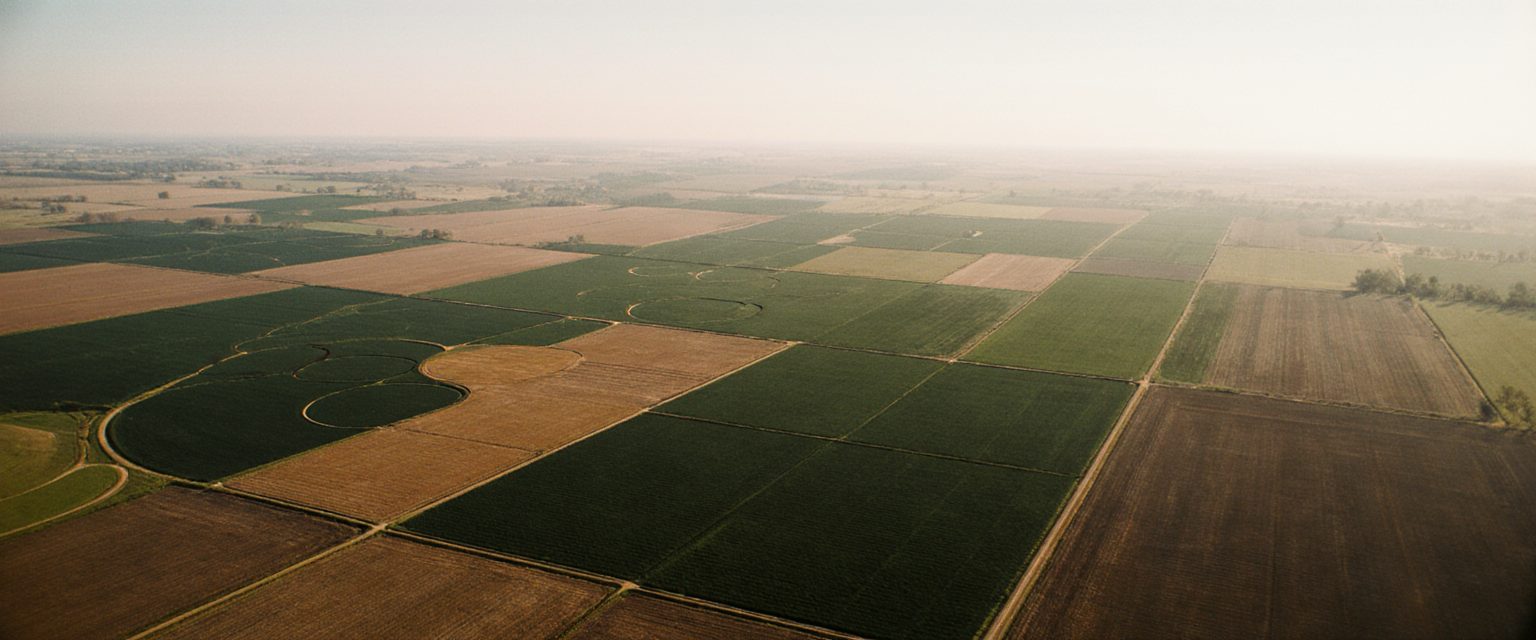 American farmland from above, pivot irrigation circles