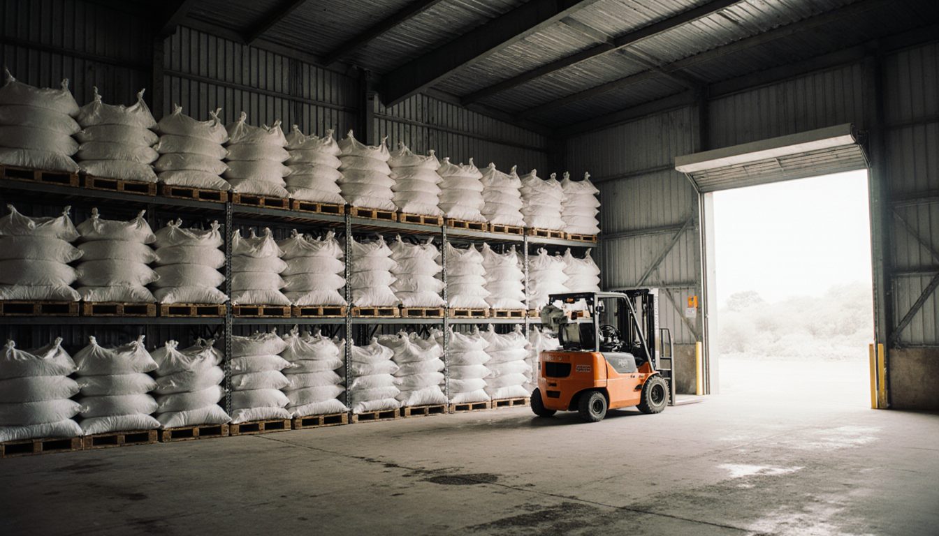 Fertilizer warehouse interior with pallets of stacked sacks