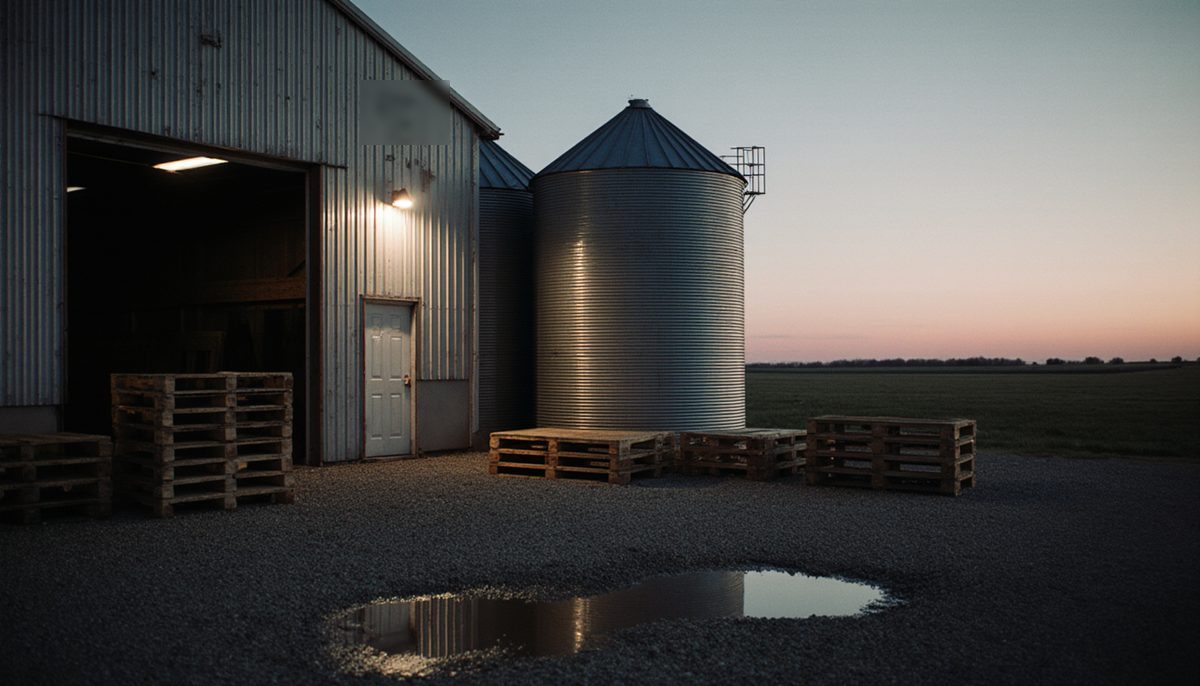 Steel grain bins and empty pallets beside a farm supply warehouse at dusk