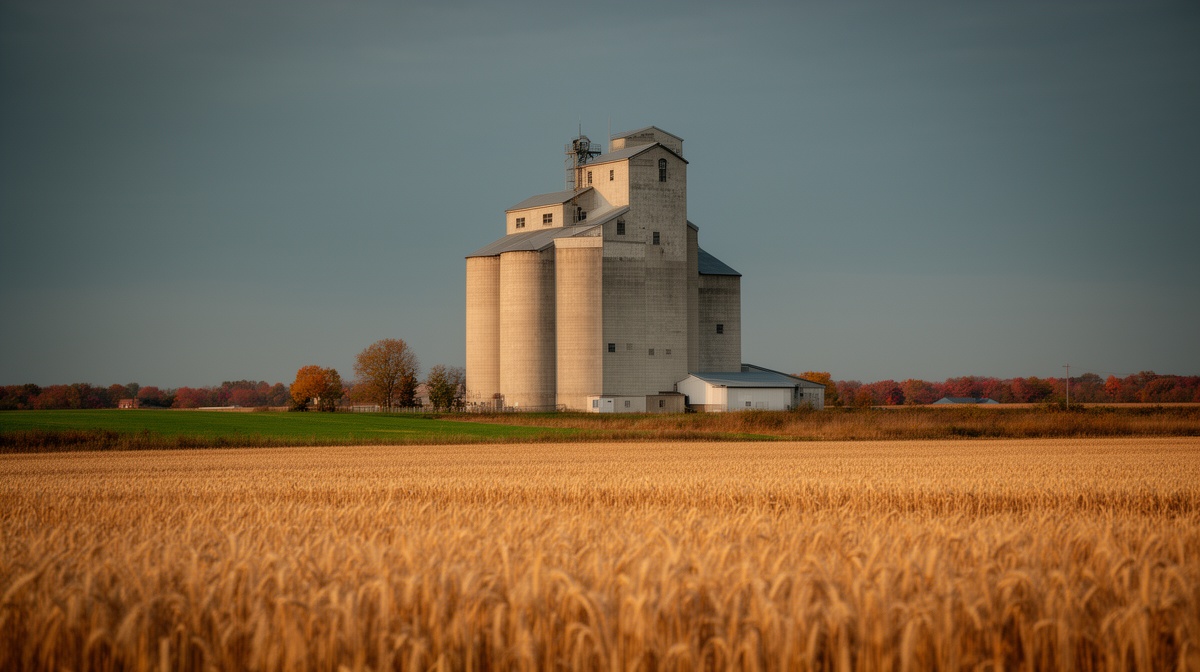 Grain elevator beside a harvested wheat field in early autumn light