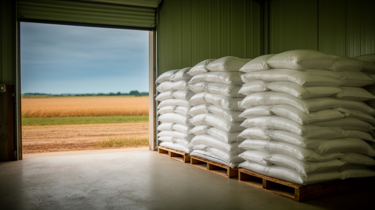 Unmarked fertilizer sacks stacked on pallets inside a rural farm supply warehouse